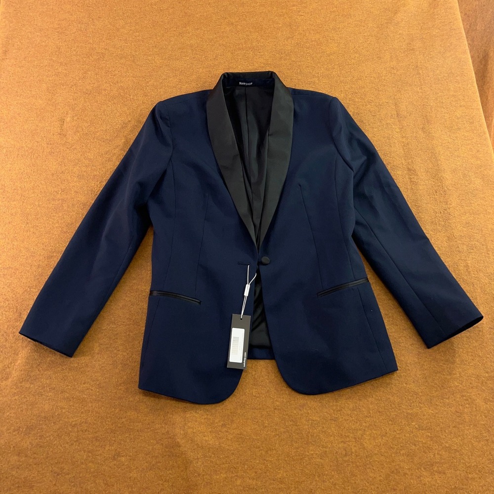 SuitShop Womens 12R Navy Shawl Lapel Tuxedo Jacket Blazer NWT